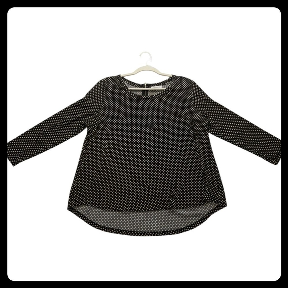 Chico's Polka Dot Blouse Women Size 3 Black Gold 3/4 Sleeve Exposed Zipper Work